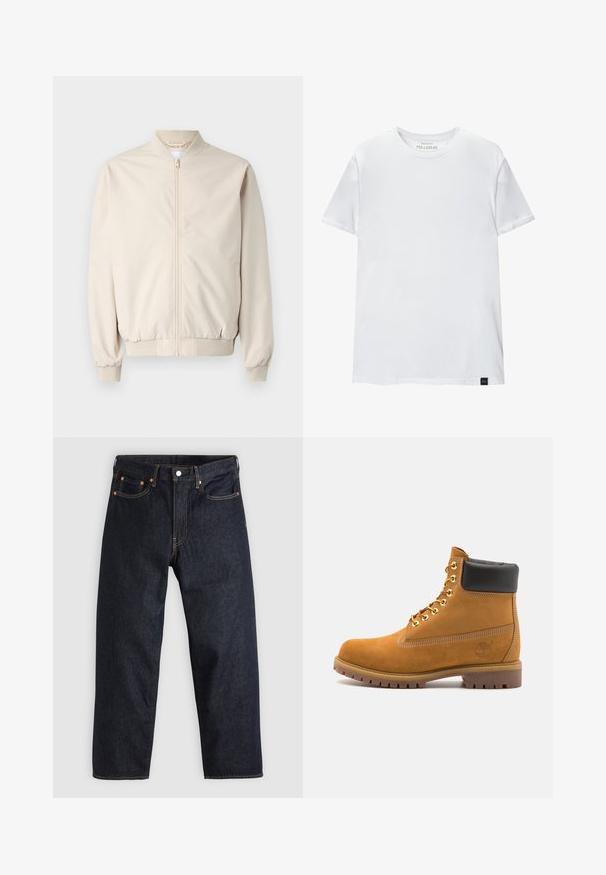 Beige Bomberjacke mit einem Frontreißverschluss, rippenförmigem Kragen und Bündchen, glattem Stoff und Seitentaschen. Einfaches Design mit lässiger Passform.; Weißes Muskel-fitt T-Shirt aus Baumwolle. Rundhals, kurze Ärmel, glatte Textur. Kleines schwarzes Logo-Tag am Saum. Schlichtes Design.; Dunkelblaue Jeans aus Denim mit geradem Schnitt, fünf Taschen, kontrastierenden orangen Nähten und einem Knopfverschluss. Keine sichtbaren Muster oder Verzierungen.; Beige Wildleder-Ankle-Boot mit schwarzem gepolstertem Kragen, goldenen Metallösen, weißen Nähdetalben und einer robusten Gummisohle mit ausgeprägtem Profil.