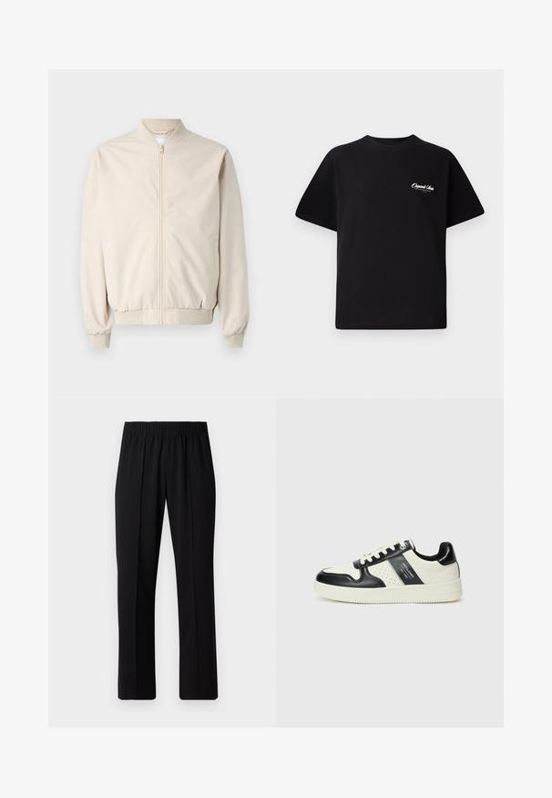 Veste bomber beige avec une fermeture éclair à l'avant, col et poignets côtelés, tissu lisse et poches latérales. Design simple avec une coupe décontractée.; T-shirt en coton noir avec col rond, manches courtes et petit texte logo blanc sur la poitrine gauche. Conception simple, coupe classique.; Pantalons noirs à taille élastique avec une coupe droite, présentant une texture lisse et sans motifs ni éléments visibles.; Baskets en cuir avec un schéma de couleurs noir et crème, dotées d'accents perforés, d'un col rembourré et d'une semelle texturée.