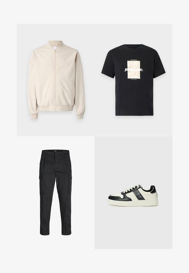 Beež bomber-jakk, millel on ees tõmmatav lukku, ribikrae ja mansetid, sile kangas ja küljetaskud. Lihtne disain, millel on lõdvestunud sobivus.; Mustmust mustäriga T-särk, millel on ümar kaelus. Esipaneelil on beež ristkülikukujuline graafika ja valge tekst "JAWO", mis on keskendatud. Lühikesed varrukad.; Mustad mustapõlvik, mis on valmistatud tugeva koe kasutades, sisaldab mitmeid taskuid, nupule kinnitatav sulgemine ja kitsenev disain.; Nahatud nahkkingad musta ja kreemi värviskeemiga, millel on perforeeritud aktsendid, pehme krae ja tekstureeritud tallad.