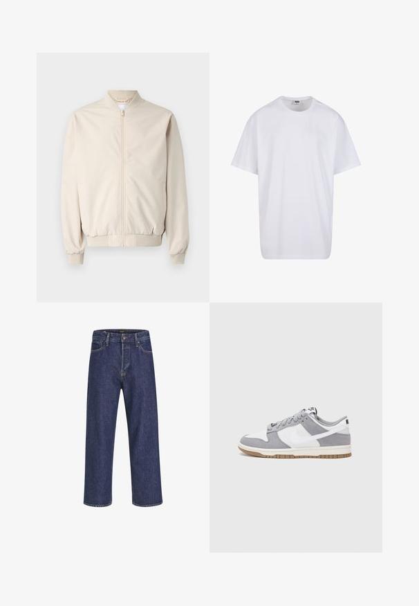 Beige Bomberjacke mit einem Frontreißverschluss, rippenförmigem Kragen und Bündchen, glattem Stoff und Seitentaschen. Einfaches Design mit lässiger Passform.; Weiße Baumwoll-T-Shirt mit kurzen Ärmeln, rundem Ausschnitt, lockerer Passform und ohne sichtbare Logos oder Muster. Glatte Textur und minimalistisches Design.; Dunkelblaue Denim-Jeans mit geradem Schnitt, Fünf-Taschen-Design, Metallknopfverschluss und kontrastierenden Nähten, die eine dezente Textur aufweisen.; Nike-Sneaker verfügen über ein graues Wildleder- und weißes Lederoberteil mit Perforationen, runden Schnürsenkeln und einer Gummisohle für besseren Halt.