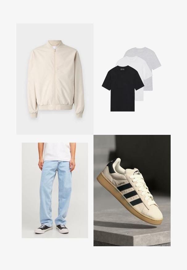 Beige bomber jacket with a front zipper, ribbed collar and cuffs, smooth fabric, and side pockets. Simple design with a relaxed fit.; Set of three basic t-shirts in black, white, and light grey. Short sleeves, round neck, made from smooth cotton fabric. Brand logo visible.; Light blue denim jeans with a relaxed fit, featuring a straight leg design and standard stitching, paired with black sneakers.; Beige suede sneaker with three dark blue stripes, white laces, and a tan rubber sole. Features a logo on the tongue and "CAMPUS" text.
