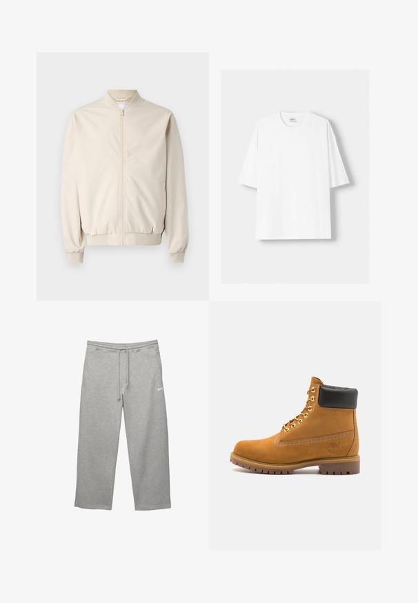 Beige bomber jacket with a front zipper, ribbed collar and cuffs, smooth fabric, and side pockets. Simple design with a relaxed fit.; White short-sleeved t-shirt made from cotton, featuring a round neckline and a relaxed fit. Smooth texture, with no visible patterns or accents.; Gray sweatpants made of soft fabric with an elastic waistband, adjustable drawstring, and side pockets. Features a small white logo.; Tan suede ankle boot with black padded collar, gold metal eyelets, white stitching detailing, and rugged rubber sole with pronounced treads.