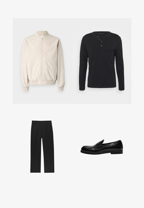 Beżowa kurtka bombka z zamkiem błyskawicznym z przodu, ściągaczem przy kołnierzu i mankietach, gładkiego materiału oraz kieszeniami po bokach. Prosty design o luźnym kroju.; Czarna, długosleeveowa koszula henley wykonana z miękkiego materiału, z zapięciem na guziki, okrągłym dekoltem i dopasowanymi rękawami.; Czarne spodnie o prostym kroju, wykonane z gładkiego materiału. Posiadają zakładki z przodu i pojedyncze zapięcie na guziki w pasie.; Czarne skórzane mokasyny o gładkim wykończeniu, z detalem przeszycia na cholewce i niską, solidną czarną gumową podeszwą.