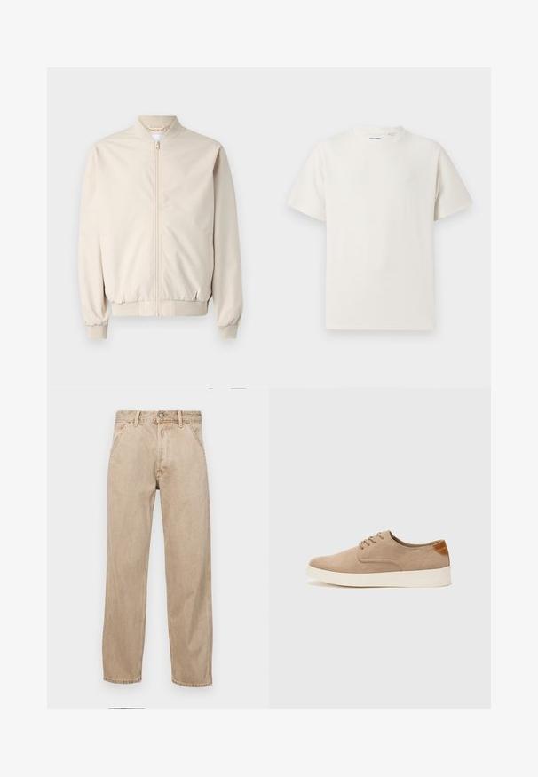Beige bomberjakke med glidelås foran, ribbestrikket krage og mansjetter, glatt stoff og sidelommer. Enkel design med en avslappet passform.; Hvit T-skjorte med kort erm i ribbestrikket tekstur. Rund hals, avslappet passform, ingen synlige mønstre eller detaljer. Enkelt og allsidig design.; Beige denimjeans med rett ben design, med frontlommer, metallknapplukking og subtil tekstur.; Beige semskinnsko med rund tå, snøring foran og en teksturert bakre aksent. Hvit gummisåle gir kontrast. Enkelt og moderne design.