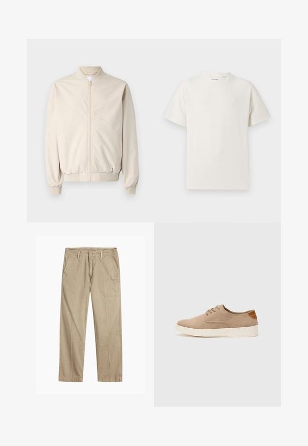 Veste bomber beige avec une fermeture éclair à l'avant, col et poignets côtelés, tissu lisse et poches latérales. Design simple avec une coupe décontractée.; T-shirt blanc à manches courtes en texture côtelée. Encolure ronde, coupe décontractée, sans motifs ni accents visibles. Design simple et polyvalent.; Chinos beiges à jambes droites avec passants de ceinture, fermeture par bouton et fermeture éclair à l'avant, et poches avant en biais.; Baskets en daim beige avec un embout arrondi, un laçage sur le devant et un accent texturé à l'arrière. La semelle en caoutchouc blanche offre un contraste. Design simple et moderne.