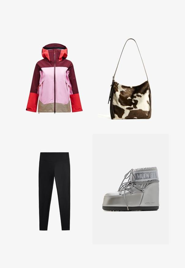 Colorful outdoor jacket featuring a maroon hood, red sleeves, pink body, and beige bottom. Made of water-resistant material with zippered pockets.; White cable-knit turtleneck sweater with a cropped silhouette, featuring ribbed cuffs and hem. Soft texture with a cozy, chunky design.; Black leggings made of smooth, stretchy fabric. Features a wide waistband and tapered leg design, suitable for active or casual wear.; Silver waterproof boot with a rounded shape, textured finish, and grey laces. Features a prominent "MOON BOOT" logo on the upper section.; Brown and cream cowhide shoulder bag with a smooth leather strap, zip closure, and a soft, textured surface featuring a natural pattern.