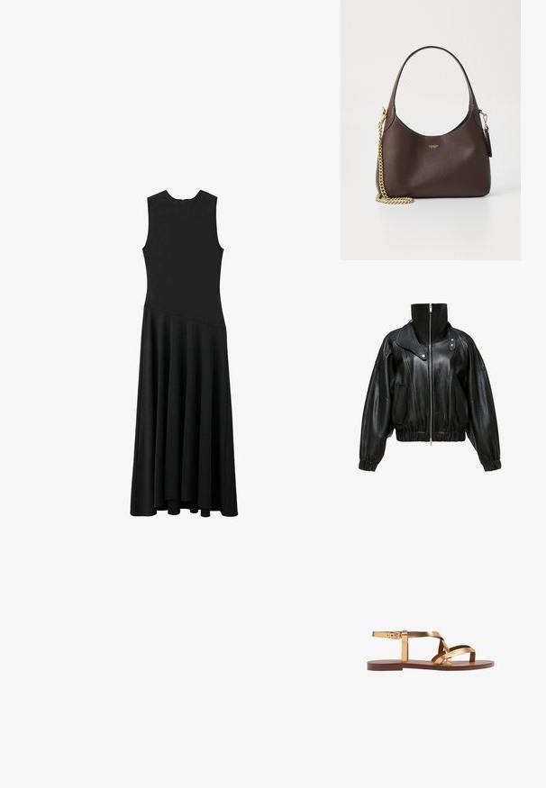 Crna kožna jakna s visokim okovratnikom, zatvaranjem na munje i skraćenim dizajnom. Ima bočne džepove te elastične manšete i donji rub.; Crna maksi haljina bez rukava sUskim tijelom i lepršavom suknjom, s glatkom teksturom i minimalističkim dizajnom, bez vidljivih kopčanja.; Zlatne metalne ravne sandale s više širokih remena, remenom oko gležnja sa kopčom i smeškim ravnim đonom. Glatka tekstura kroz cijelu obuću.; COACH BROOKLYN SHOULDER BAG 23 - Ručna torba - maple
