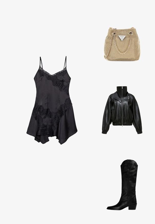 Schwarze Lederjacke mit hohem Kragen, Reißverschluss und verkürztem Design. Mit seitlichen Taschen und elastischen Bündchen sowie Saum.; Schwarzes Satin-Nachthemd mit Spitzenrand, verstellbaren Spaghetti-Trägern und ausgestelltem Saum, weicher Textur und dekorativen Rüschendetails.; Schwarze Leder-Cowboy-Stiefel mit spitzer Zehe, mittelhohem Absatz und dekorativen Nähten am Schaft. Glatte Textur und elegantes Design.; Die goldene Handtasche verfügt über einen strukturierten Stoff mit runden, metallischen Nieten, einem dreieckigen Logoschild und einem Kettenriemen mit runden Metallösen.