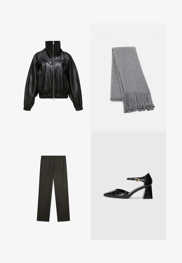 Giubbotto in pelle nera con colletto alto, chiusura con zip e design corto. Presenta tasche laterali e polsi e fondo elasticizzati.; Maglione nero lavorato a maglia con scollatura a girocollo a coste, maniche lunghe e orlo dritto. Texture morbida, design minimalista e stile versatile.; Pantaloni larghi di colore verde scuro, con una texture liscia, cintura elastica e tasche laterali. Design semplice senza modelli o accessori visibili.; Scarpa nera in vernice con tacco alto, punta affusolata, cinturino alla caviglia e motivo testurizzato a coccodrillo. Design con tacco quadrato.; Sciarpa in lana grigia con una consistenza morbida, caratterizzata da bordi frangiati e un design semplice. Piegata ordinatamente, mette in risalto la sua forma allungata.