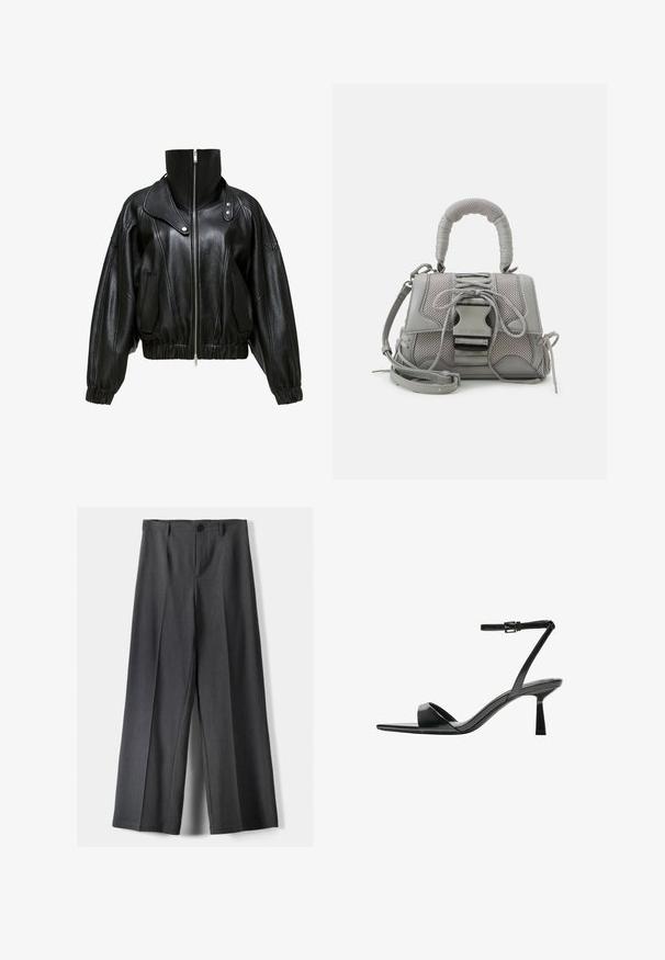 Černá kožená bunda s vysokým límcem, zipovým zapínáním a zkráceným designem. Obsahuje boční kapsy a elastické manžety a spodní lem.; Bílý svetr s dlouhými rukávy, kulatým výstřihem a žebrovanou texturou. Zkrácený design dodává moderní vzhled.; Kalhoty s širokými nohavicemi vyrobené z tmavě šedé látky, s knoflíkovým zapínáním, předními sklady a poutky na pásek. Hladká textura s přizpůsobeným střihem.; Bershka Sandály na vysokém podpatku - black; Šedá texturovaná kabelka se polstrovanou rukojetí, síťovými akcenty, nastavitelným popruhem a předním uzávěrem. Kompaktní design s zaobleným tvarem.