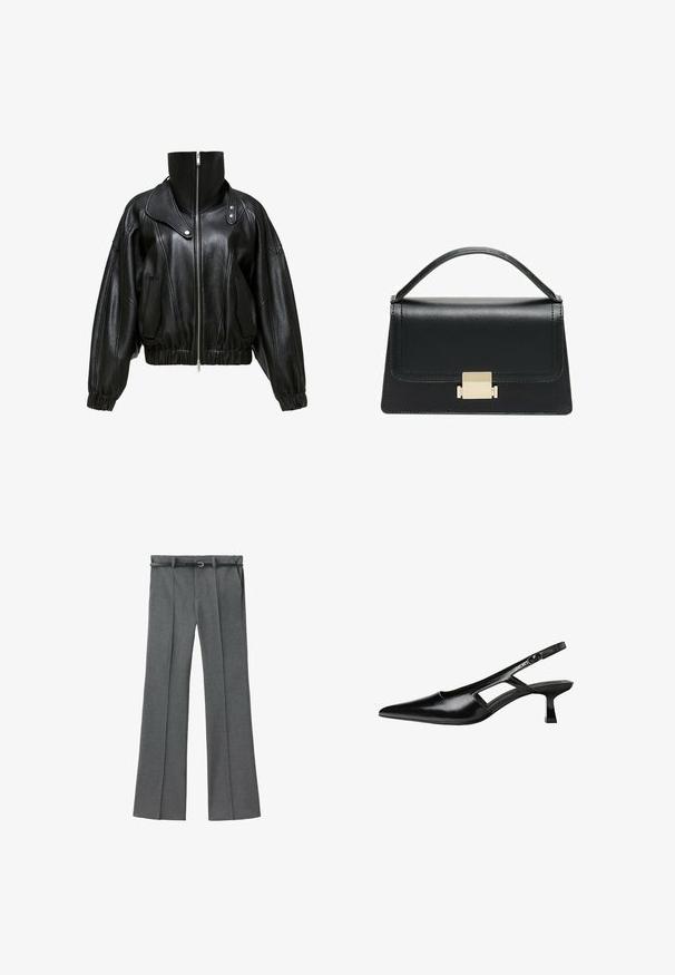 Crna kožna jakna s visokim okovratnikom, zatvaranjem na munje i skraćenim dizajnom. Ima bočne džepove te elastične manšete i donji rub.; Crni top bez rukava od pamuka, s okruglim izrezom i širokim izrezima za ruke. Glatka tekstura s ušivenim rubovima. Klasičan, minimalistički dizajn.; Sive prilagođene hlače ravnog kroja, od lagane tkanine, s petljama za remen i uskim remenom sa srebrnom kopčom.; Crne lakirane natikače na remenčić sa špicastim nosom, dizajnom sa izrezima sa strane i malim kvadratnim potplatom. Glatka tekstura s minimalnim akcentima.; Crna kožna torba s strukturiranim dizajnom, gornjom drškom i zlatnim metalnim kopčanjem na prednjoj strani. Glatka tekstura, minimalno šivanje.