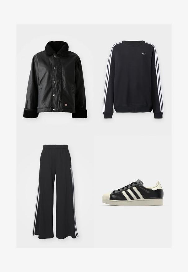 Black leather jacket with a shearling collar, snap-button closure, side pockets, and soft textured cuffs. Features brand logo patch.; Black sweatshirt with long sleeves, white stripes running down each arm, and a small gray logo on the chest. Cotton material, casual fit.; Black wide-leg sweatpants with an elastic waistband, featuring white side stripes and an embroidered logo on the left thigh.; Black leather sneaker with white stripes, rubber toe cap, black laces, and a cream-colored outsole. Smooth texture with shiny finish.