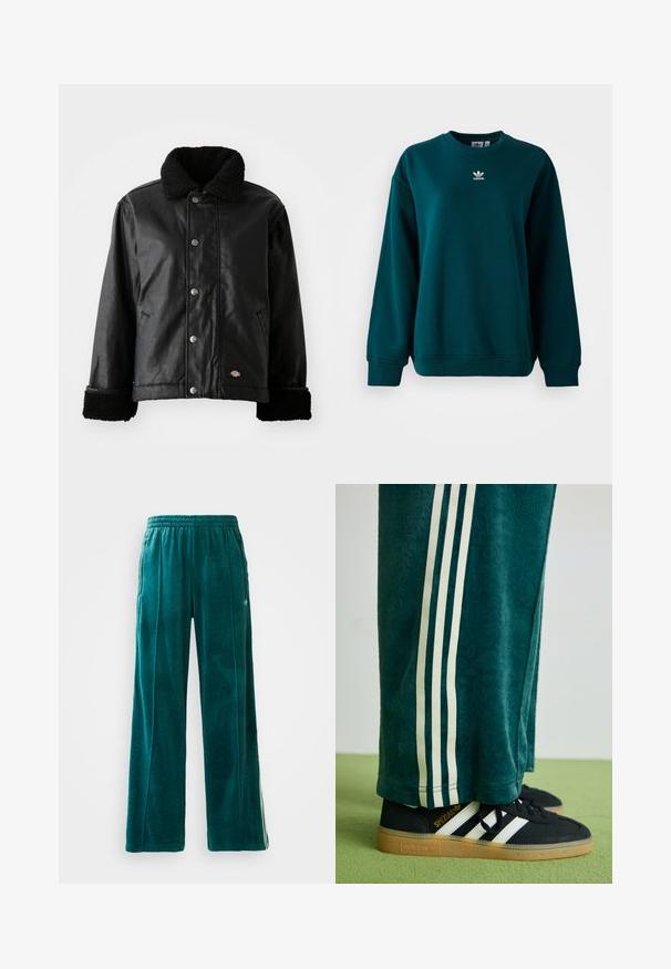 Svart läderjacka med fårskinnskrage, tryckknappsstängning, sidofickor och mjuka, texturerade ärmslut. Har en logotypetikett.; Mörkgrön Adidas-tröja med långa ärmar och vitt Adidas-logotyp centrerad på bröstet, uppvisad mot en vit bakgrund.; Turkosa velour-joggers med lös passform, elastisk midja, sidofickor och subtilt mönster. Har kontrasterande ränder längs sidorna.; Gröna strukturerade byxor med vita sidostriper, i kombination med svarta Adidas-sneakers med tre vita striper och en gummisula.