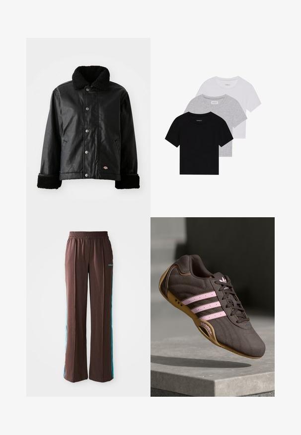 Svart läderjacka med fårskinnskrage, tryckknappsstängning, sidofickor och mjuka, texturerade ärmslut. Har en logotypetikett.; Set med tre kortärmade t-shirts i svart, grått och vitt. Tillverkade av bomull, med rund hals och en enkel, enfärgad design.; Bruna träningsbyxor med ribbat mönster, elastisk midja och turkosa sidostråk. Har adidas-logotypen på framsidan.; Bruna mocka sportskor med rosa ränder och logotyp, med en texturerad överdel, snörning och en sula av gummigummi.