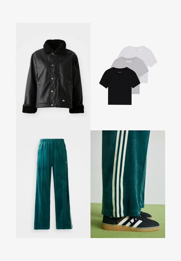 Svart lærjakke med pelskrage, trykknappåpning, sidelommer og myke teksturerte mansjetter. Har logo-merke.; Sett med tre kortermede t-skjorter i svart, grått og hvitt. Laget av bomull, med rund hals og en enkel, ensfarget design.; Teal velour joggesbukser med løs passform, elastisk midje, sidelommer og subtil teksturmønster. Har kontrasterende striper langs sidene.; Grønne teksturerte bukser med hvite sidelister, kombinert med sorte Adidas-sneakers med tre hvite striper og en gummisåle.