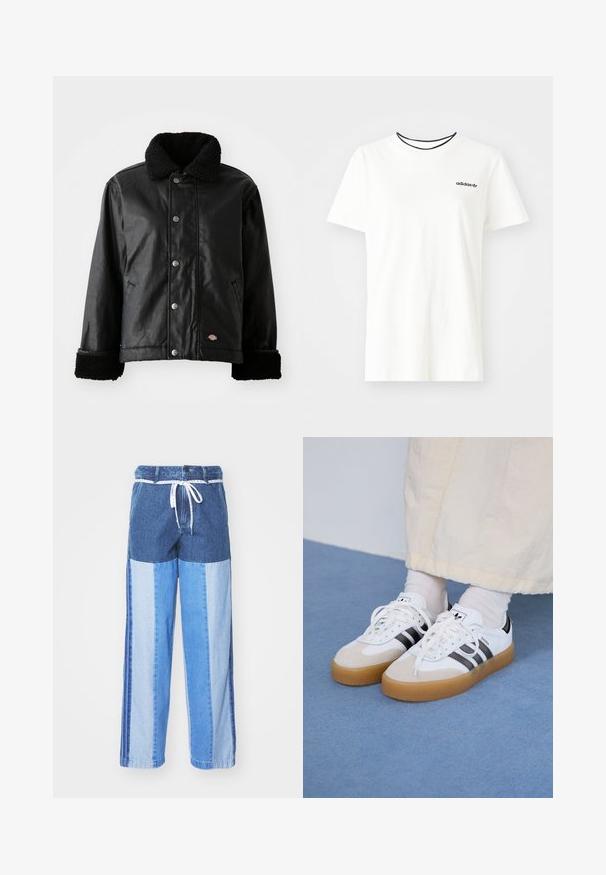 Μαύρο δερμάτινο μπουφάν με επένδυση από γούνα, κλείσιμο με κουμπιά, πλαϊνές τσέπες και σατινέ μανίκια. Περιέχει ταυτότητα λογότυπου της μάρκας.; Λευκό βαμβακερό t-shirt με κοντά μανίκια και στρογγυλή λαιμόκοψη. Διαθέτει ένα μαύρο λογότυπο της Adidas στο στήθος και αντίθετο μαύρο εσωτερικό επίδομα.; Μπλε τζιν παντελόνια με σχέδιο με ραφές σε διαφορετικές αποχρώσεις του μπλε, με ελαστική ζώνη και φαρδιά, ίσια πόδια.; Λευκά αθλητικά παπούτσια με μαύρες ρίγες και μπεζ σουέτ λεπτομέρειες. Διαθέτουν υφασμάτινη σόλα από καουτσούκ και επίπεδα λευκά κορδόνια, φορεμένα με ανοιχτόχρωμες κάλτσες.