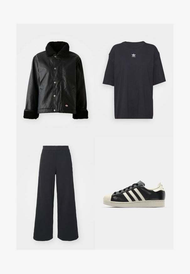 Fekete bőrkabát gyapjú gallérral, patentgombos záródással, oldalsó zsebekkel és puha, textúrált mandzsettákkal. Márkajalógós patch is található rajta.; Fekete pamut póló rövid ujjakkal, kerek nyakkivágással, mellkason fehér Adidas logóval. Egyszerű dizájn, laza fazon.; Fekete, bő szárú melegítőnadrág, puha anyagból készült, rugalmas derékkal és egy kis logóval a bal oldalon.; Fekete bőrsneaker fehér csíkokkal, gumírozott orral, fekete fűzővel és krém színű talppal. Simaság és fényes felület jellemzi.