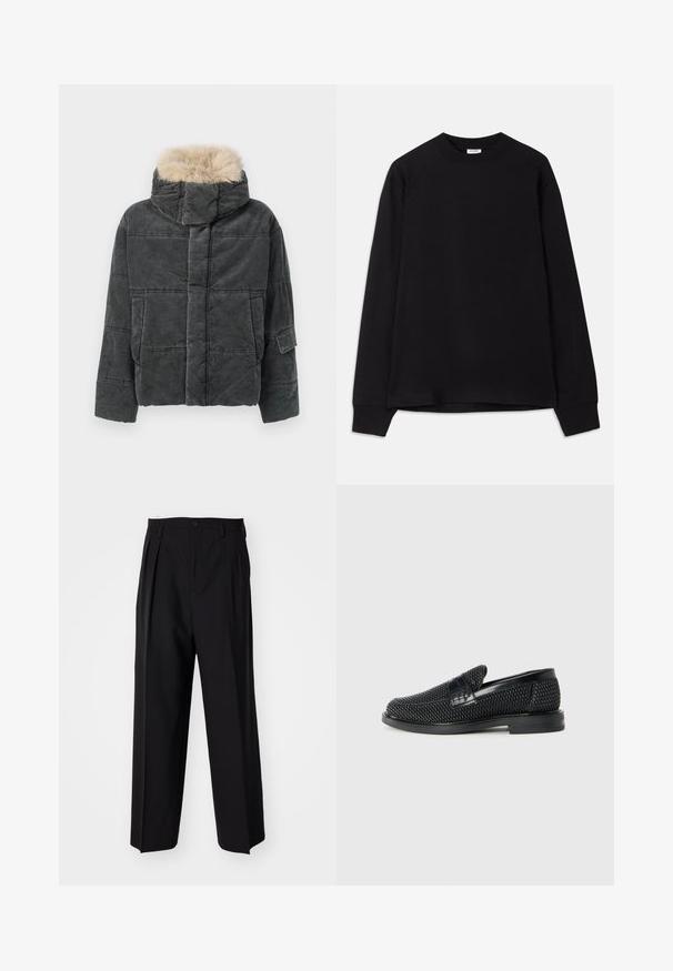 Casaco acolchoado de veludo cotelê cinza com capuz de pelo sintético destacável, apresentando uma forma quadrada, padrão acolchoado e detalhe de bolso lateral.; Camisola preta de manga longa feita de algodão suave. Apresenta um decote redondo, corte solto e punhos canelados. Sem padrões ou logótipos visíveis.; Calças pretas plissadas com um design reto e de perna larga. Feitas de um tecido liso, apresentam um fecho de botão e passantes para cinto.; Sandalha preta entrelaçada com um accento de couro liso na parte superior, design de biqueira redonda e sola de borracha de perfil baixo.