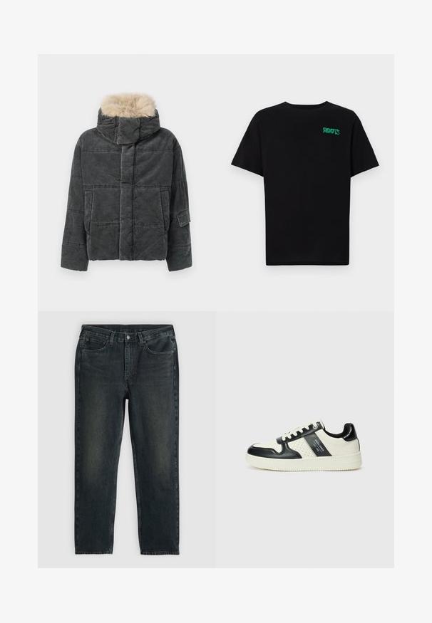 Grå kordfløjlsdynejakke med aftagelig hætte i kunstpels, med en kasseformet silhuet, quiltet mønster og detalje med sidelomme.; Sort t-shirt lavet af bomuld med korte ærmer. Har et grønt "ROOTS" logo på forsiden, rund halsudskæring og almindelig pasform.; Mørkeblå denimjeans med lige ben, der har fem lommer, lynlås og kontrasterende syninger. Diskret falming på stoffet.; Lædersneakers i sort og creme farveskema, med perforerede detaljer, en polstret krave og en struktureret ydersål.
