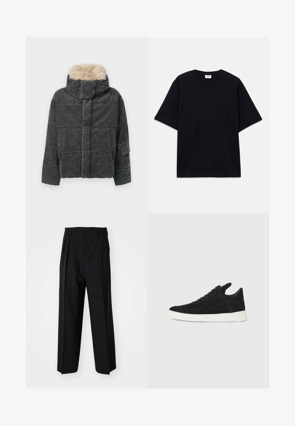 Sivo kordurovo puhovko z odstranljivo kapuco iz umetnega krzna, zasnovano v škatlasti obliki, s prešitim vzorcem in poudarkom na stranskih žepih.; Črno kratkotrajno široko T-shirt s krožnim izrezom in vidno blagovno znamko Filippa K znotraj ovratnika.; Črne nabirane hlače s ravnim, širokim krojem. Narejene so iz gladkega materiala in imajo zadrgo ter pasne zanke.; Črne semiš športne copate z belo gumijasto podplatom, ki imajo toneče šive in vezalni dizajn. Gladka tekstura z modernim, poenoteno oblikovano silhueto.