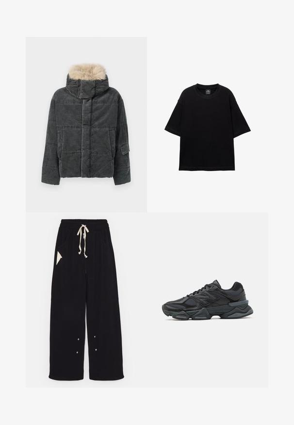 Grå kordfløjlsdynejakke med aftagelig hætte i kunstpels, med en kasseformet silhuet, quiltet mønster og detalje med sidelomme.; Sort kortærmet T-shirt lavet af bomuld med rund hals og afslappet pasform. Glat tekstur med minimale syningsdetaljer.; Sorte bredde ben bukser lavet af blødt stof med snoreliv, sidelommer og en trekantet accentlomme. Sølv hardware detaljer inkluderet.; Sorte løbesko med en blanding af mesh og syntetiske materialer, kraftig sål, buet design og fremtrædende branding på siden.