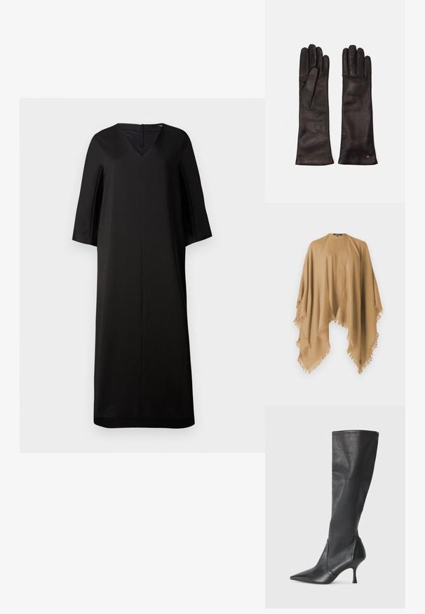 Weekend Max Mara TABACCO - Cape - camel; Schwarzes V-Ausschnitt-Kleid mit kurzen, weiten Ärmeln. Hergestellt aus glattem Stoff. Verfügt über einen verdeckten Reißverschluss im Rücken und eine lockere, gerade Silhouette.; Knöchelhoche schwarze Lederstiefel mit einer spitzen Zehe und einem schlanken Stiletto-Blockabsatz. Glatte Textur mit einer enganliegenden Passform und Nähten am oberen Rand.; Schwarze Lederhandtasche mit einer runden, gefalteten Form. Verfügt über einen metallischen Verschluss mit zwei dekorativen Kugeln und einem schmalen, abnehmbaren Tragegurt.; Weekend Max Mara SENAPE - Fingerhandschuh - nero