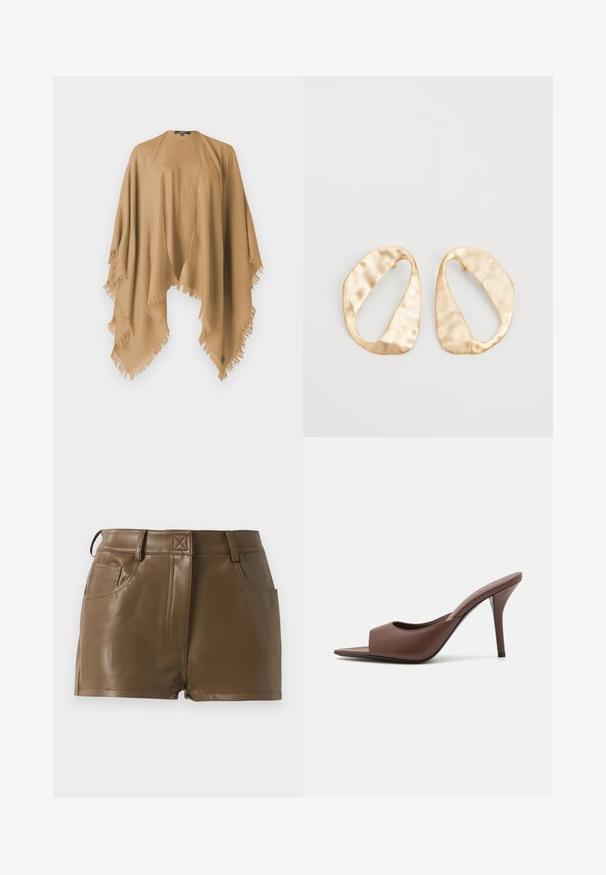 Weekend Max Mara TABACCO - Cape - camel; T-shirt blanc à manches longues en coton côtelé, avec un col rond et un ourlet droit. Design simple sans motifs ni accents.; Shorts en faux cuir marron au design ajusté, avec une taille à passants de ceinture, des poches avant et des détails de couture visibles.; Mules à talons hauts ouverts en cuir marron avec un design épuré, dotés d'une large sangle avant et d'un talon aiguille élancé.; Une paire de boucles d'oreilles en métal doré, de forme ovales irrégulières, avec une surface texturée et légèrement martelée sur fond blanc.