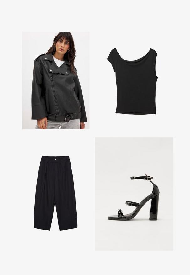 Giubbotto da biker in ecopelle nera con grande rever, zip asimmetrica e vita con cinture. Presenta tasche con zip e una vestibilità comoda.; Top nero a maniche corte realizzato in tessuto liscio; presenta un colletto drappeggiato e un orlo asimmetrico, con una vestibilità aderente.; Pantaloni culotte neri in poliestere con una cintura elastica, due pieghe frontali e una silhouette ampia. Nessun motivo visibile o dettagli in metallo.; Sandali con tacco in vernice nera, con punta squadrata, cinturini alla caviglia e fibbie in argento. Presentano un tacco a blocco spesso per maggiore stabilità.