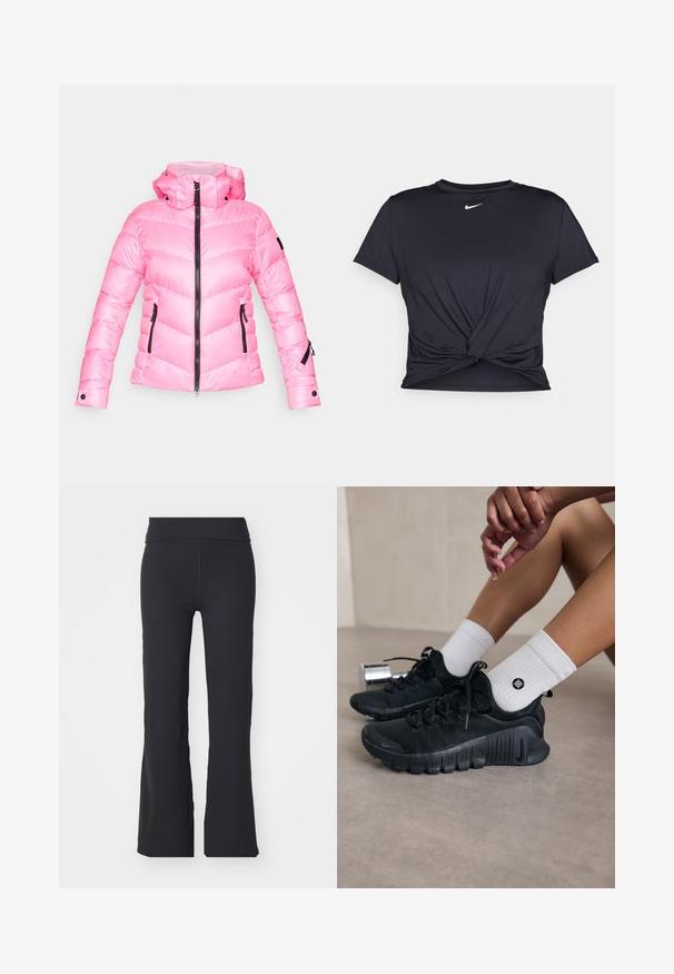 Różowa kurtka puchowa z wysokim kołnierzem, zapinana na zamek błyskawiczny z przodu, w wzór chevron. Posiada czarne akcenty przy zamkach oraz boczne kieszenie na zamki.; Czarna sportowa koszulka z gładkiego materiału, z wiązanym przodem i małym białym logo Nike na piersi.; Czarne rozszerzane spodnie z elastycznego materiału z wysokim stanem. Charakteryzują się czystymi liniami i gładką fakturą, idealne na co dzień.; Czarne buty sportowe z teksturowanej tkaniny, z warkoczowym wzorem i wyraźną podeszwą, w zestawie z białymi skarpetami prążkowanymi z małym logo.
