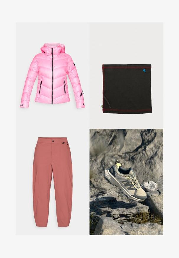 Rosa Pufferjacke mit hohem Kragen, Reißverschluss vorne und Zickzackmuster. Verfügt über schwarze Reißverschlussakzente und seitliche Taschen mit Reißverschlüssen.; Cremfarbendes Langarmhemd aus weichem Stoff, mit Rundhalsausschnitt und einem kleinen roten Zickzackmuster auf der linken Brustseite.; Hellrosa, locker sitzende Hose mit Knopfverschluss und Seitentaschen, vor einem schlichten weißen Hintergrund präsentiert.; Columbia Trailrunningschuh in Hellbeige und Grau. Obermaterial aus Mesh mit strukturierten Details, Gummisohle und reflektierenden Akzenten. Leichtes Design.; Klättermusen ALLVIS NECK GAITER UNISEX - Schlauchschal - raven