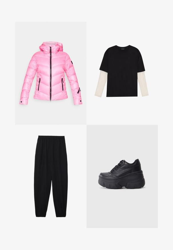 Vaaleanpunainen puhvitakki, jossa on korkea kaulus, vetoketjukiinnitys ja chevron-kuvio. Varustettu mustilla vetoketjeyksityiskohdilla ja sivutaskuilla, joissa on vetoketjut.; Mustapaita, joka on valmistettu puuvillasta ja jossa on lyhyet hihat valkoisen pitkähihasen kerroksen päällä, jossa on hienovarainen teksturoitu kuvio. Pyöreä kaula-aukko.; Mustat, kevyet housut, joissa on joustava vyötärö ja kerätyt nilkat. Kangas on sileä ja siinä on rento, kapeneva muotoilu.; Musta nauhallinen lenkkarit, joissa on paksu pohja, ja jotka sisältävät sileästä nahasta valmistetun yläosan, pyöreän kärjen ja erottuvan kerroksittain muotoillun pohjan.