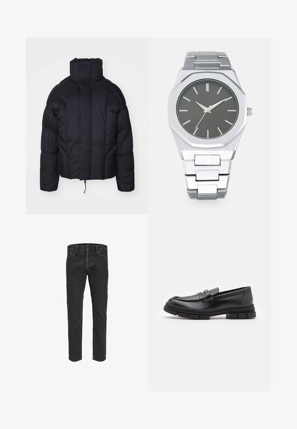 Jack & Jones JCOOUTER PUFFER JACKET - Zimní bunda - black; Redefined Rebel TETON REGULAR FIT - Svetr - black grey; Černé džínové kalhoty s rovnými nohavicemi, pěti kapsami a poutky na pásek, které mají mírně vybledlou strukturu a kontrastní švy.; Černé kožené mokasíny s hladkým povrchem, se zapínáním vpředu a masivní gumovou podrážkou se vroubkovanými detaily.; Stříbrné analogové hodinky s osmiúhelníkovým pouzdrem, šedým ciferníkem, stříbrnými indexy a nerezovým ocelovým náramkem. Minimalistický design s hladkou texturou.