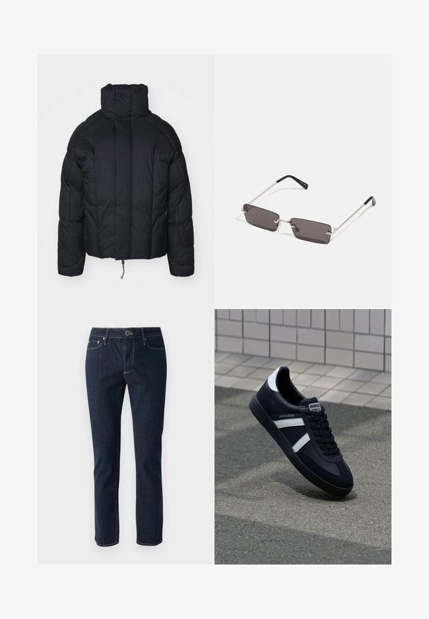 Jack & Jones JCOOUTER PUFFER JACKET - Winterjacke - black; Weißes Baumwoll-T-Shirt mit kurzen Ärmeln, Rundhalsausschnitt und einem roten grafischen Text "LECKERER ERFRISCHENDER FRUCHT" auf der Vorderseite.; Dunkelblaue Denim-Jeans mit geradem Bein, ausgestattet mit einem Knopfverschluss, fünf Taschen und kontrastierenden Nähten. Glatte Textur.; Schwarze Leder-Sneaker mit weißen Streifen, strukturiertem Gummisohle und Schnürung. Verfügt über ein Markenetikett auf der Zunge.; Sonnenbrille mit rechteckigen, dunkelgrauen Gläsern, silbernen Metallrahmen und schwarzen Kunststoffenden an den Bügeln. Leichtes Design mit Nasenpads.; Schwarze Umhängetasche aus robustem Gewebe, mit einem verstellbaren Tragegurt, einem Reißverschluss-Hauptfach und einer Fronttasche.