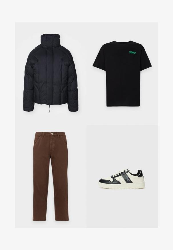 Jack & Jones JCOOUTER PUFFER JACKET - Casaco de inverno - black; T-shirt preta feita de algodão com mangas curtas. Apresenta um logótipo verde "ROOTS" na frente, gola redonda e corte standard.; Calças de algodão castanhas com perna reta, bolsos frontais e fecho de botão metálico. Apresentam uma textura suave e um design minimalista.; Ténis de couro com um esquema de cores em preto e creme, apresentando detalhes perfurados, um colarinho acolchoado e uma sola texturizada.