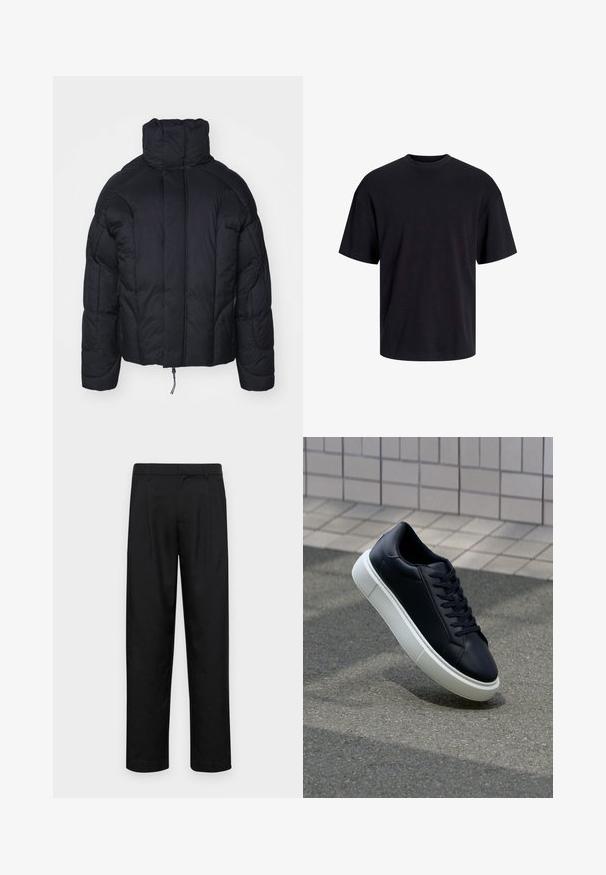 Jack & Jones JCOOUTER PUFFER JACKET - Talvejope - black; Must must on mustre, lühikeste varrukatega ja vabalt langev. Sile tekstuur ja ilma nähtavate mustrite või aktsentideta.; Mustad mustadest riietest, millel on sirge jalgade disain, kaks eesmist voltimist ja tavaline vöökoht, millel on vöökohad.; Mustast nahast tennisetoss, millel on ümar nina ja valge kummist tall. Omab siredaid paelu ja minimaalset õmblemist ülemises osas. Tekstuuriga tald, mis tagab haakuvuse.
