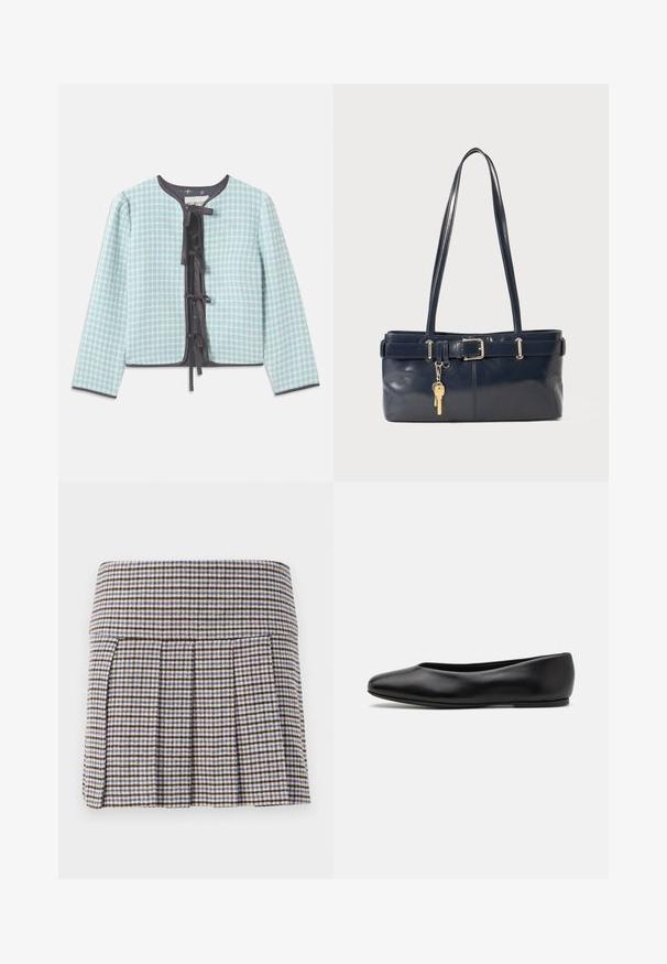 Lys blå, ternet stofjakke med rund halsudskæring, lange ærmer, sort kant og en centralt placeret sløjfe til lukning.; Lyseblå, ribbet strikbluse med bådhals og flagrende ærmer. Har en subtil tekstur og en indre gul detalje ved kraven.; Plisseret nederdel i et brunt, beige og blåt ternet mønster. Fremstillet af et tekstureret stof med en tætsiddende talje og dekorative plisseringer.; Paul Smith TOPANGA - Ballerinasko - black; Mørkeblå læderhåndtaske med to lange håndtag, en spænde detaljer og en nøglering vedhæftet. Den har en glat tekstur og en rektangulær form.