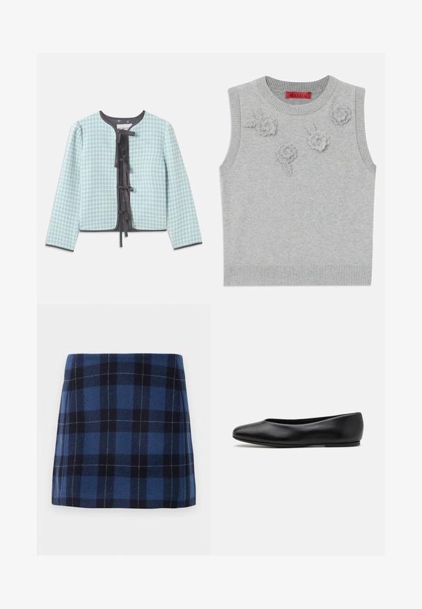 Svetlomodrá kockovaná látková bunda s okrúhlym výstrihom, dlhými rukávmi, čiernym lemovaním a stredovým detailom v podobe mašle na zapínanie.; Svetlošedý bezrúkový sveter s vrúbkovaným výstrihom a lemom. Na prednej strane sú umiestnené tri textúrované kvetinové aplikácie. Značka: MAX&Co.; Kockovaná mini sukňa v tmavomodrej a námorníckej farbe, vyrobená z mäkkého materiálu s jemne štruktúrovaným povrchom. Má rovný strih a čisté línie.; Paul Smith TOPANGA - Balerínky - black