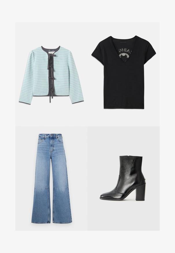 Lys blå, ternet stofjakke med rund halsudskæring, lange ærmer, sort kant og en centralt placeret sløjfe til lukning.; Sort kortærmet t-shirt med en dyb V-udskæring, der har en mesh-panel og trykt design på det indre lag. Blødt og åndbart stof.; Lyseblå, brede denimjeans med høj talje, der har frontlommer og sømdetaljer, der løber lodret ned ad benene.; Sorte læder ankelstøvler med en glat overflade, spids tå og en chunky høj hæl. Har en sidelukning og minimalistisk design.