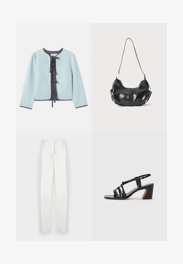 Lys blå, ternet stofjakke med rund halsudskæring, lange ærmer, sort kant og en centralt placeret sløjfe til lukning.; Mørk marineblå kortærmet T-shirt, lavet af blød bomuld, med rund halsudskæring og en afslappet pasform. Ingen synlige mønstre eller accenter.; Paul Smith Bukser - white; Paul Smith AMIRA - Pumps - black; Sorte læder skuldertaske i halvmåneform med sølvlynlåse på begge sider og en enkelt rem.