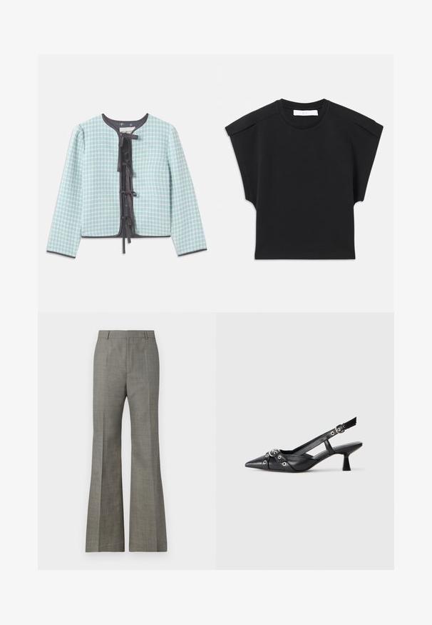 Gaiši zila, cekulota auduma jaka ar apaļu dekoltē, garām piedurknēm, melnu apdari un centrā esošu banti aizdarei.; Melna īsām piedurknēm blūze ar apaļu kakla izgriezumu un plecu detaļām, izlikta uz balta fona.; Pelēkās izplestu bikses, kas izgatavotas no tekstūrēta auduma, ar pielāgotu pielaidi, smalku tarkšķu rakstu un priekšējām locījumiem, lai nodrošinātu elegantu izskatu.; Melnas ādas šlipsveida kurpes ar norādītu purngalu, dekoratīvām joslām ar metāla acīm un zemu bloku papēdi. Teksturēta virsma.