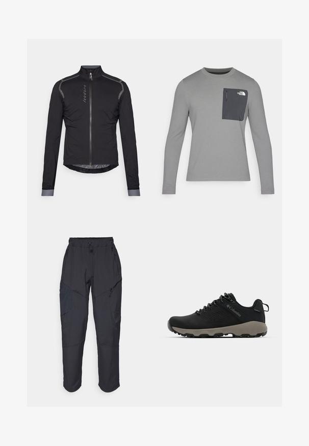 Czarna, długosleeve'owa kurtka rowerowa z wysokim kołnierzem, zamkiem z przodu, odblaskowymi akcentami na ramionach i konturowym dołem. Lekki, gładki materiał.; Szara koszula z długim rękawem o teksturowanej tkaninie, z ciemnoszarym kieszonką na piersi i zapięciem na zamek. Logo na kieszeni w kolorze białym.; Czarne spodnie cargo wykonane z lekkiego, wodoodpornego materiału; posiadają elastyczny pas, liczne kieszenie zapinane na zamek oraz zwężane nogawki.; Czarne buty trekkingowe z gładką cholewką, perforowanym wzorem, szarym podeszwą oraz wzmocnionym obcasem. Wyposażone w sznurowadła oraz pętelkę umożliwiającą łatwe zakładanie.