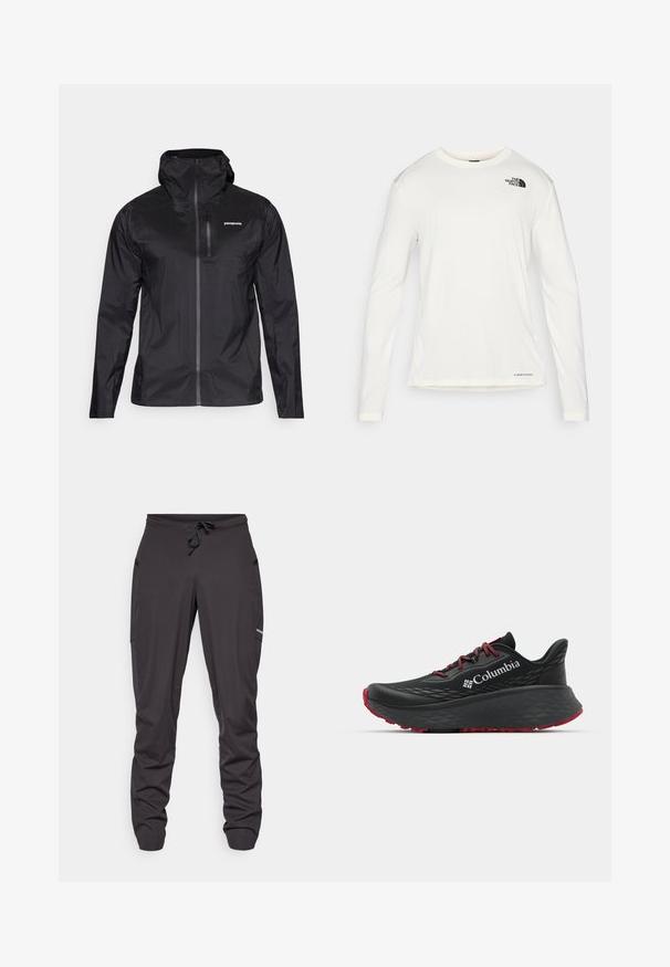 Must värvi, kerge vihmajope, millel on istuv kapuuts, täispikk esivöö ja väike rinna-tasku. Sile tekstuur ja minimaalne brändimine.; Valge pika varrukaga särk ümmarguse kaelusega, tekstuuriga kangas, must logo vasakul õlal ja peen bränding alt. ; Mustad nööriga sportlikud püksid mustas värvuses, küljetaskudega, kergelt kortsus kangas ning väike nähtav logo paremal reiel.; Mustan värvi spordijalats tekstuuriga pealisega, punaste paelte ja logoga. Paksem tallaga, millel on mustritooted kaheksast edasi liikumiseks. Minimalistlik disain, külgvaade.