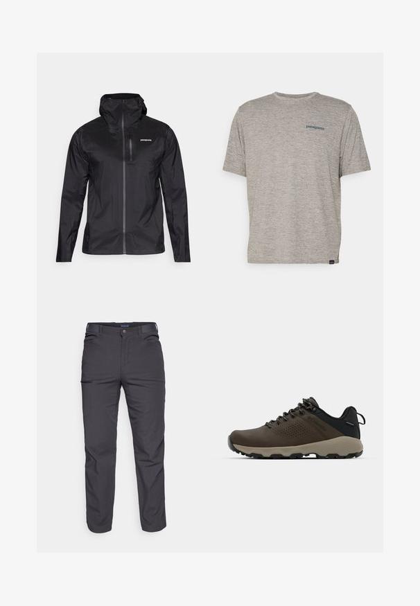 Giacca impermeabile nera, leggera, con cappuccio aderente, cerniera frontale a tutta lunghezza e una piccola tasca sul petto. Texture liscia e branding ridotto.; T-shirt grigio a maniche corte realizzato in un morbido tessuto di texture, con un piccolo logo blu di Patagonia sul lato sinistro del petto. Senza ulteriori fantasie.; Pantaloni grigi scuri realizzati in tessuto resistente, dotati di tasca con zip, taglio dritto e passanti per cintura per una vestibilità regolabile.; Sneakers impermeabili marroni con tomaia testurizzata, dettagli perforati, supporto al tallone nero e suola in gomma grigia. I lacci sono decorati con estremità metalliche.