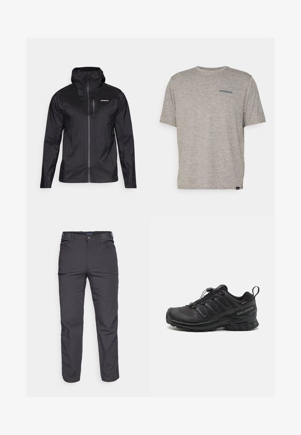 Jachetă de ploaie neagră, ușoară, cu glugă ajustabilă, fermoar frontal pe toată lungimea și un mic buzunar pe piept. Textură netedă și branding minim.; Tricou gri cu mânecă scurtă, fabricat dintr-un material moale și texturat, având un mic logo al brandului Patagonia în culoare albastră pe pieptul stâng. Fără modele suplimentare.; Pantaloni negri închis dintr-un material rezistent, cu un buzunar cu fermoar, croială dreaptă și bucle pentru curea pentru ajustarea potrivirii.; Spurtă sportivă neagră cu parte superioară sintetică texturată, talpă cu amortizare și sistem de șireturi rapide. Include un vârf și un călcâi întărit.