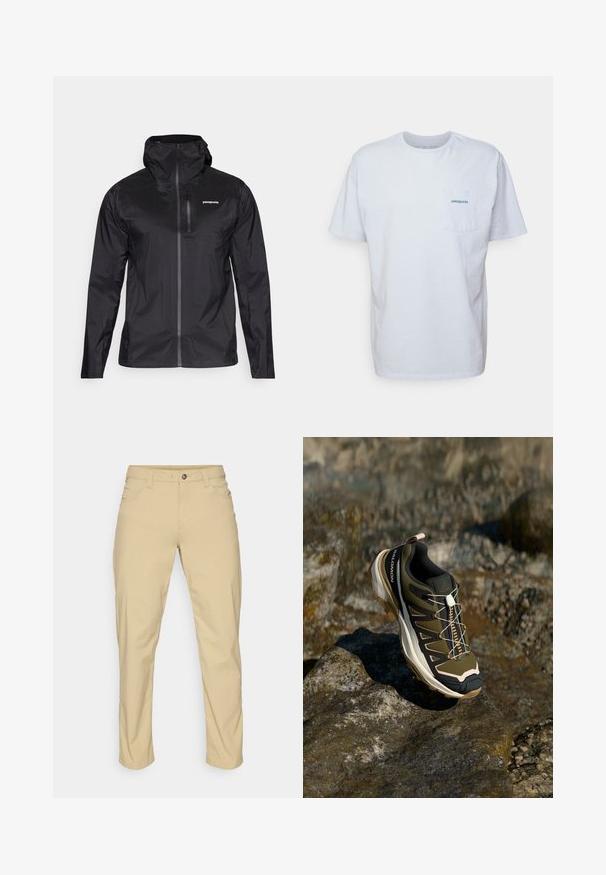Čierna, ľahká dažďová bunda s priliehavou kapucňou, plnohodnotným predným zipsom a malou náprsníkovou kapsou. Hladký povrch a minimálne značkovanie.; Biely bavlnený tričko s krátkymi rukávmi, okrúhlym výstrihom a náprsné vrecko na ľavej strane so modrým logom "Patagonia". Klasický strih s hladkou textúrou.; Patagonia QUANDARY PANTS - Outdoorové nohavice - classic tan; Turistická obuv v olivovo zelenej a čiernej farbe s ružovými akcentmi. Má textúrovaný zvršok, flexibilnú podrážku, vystuženú špičku a farebný systém šnurovania.