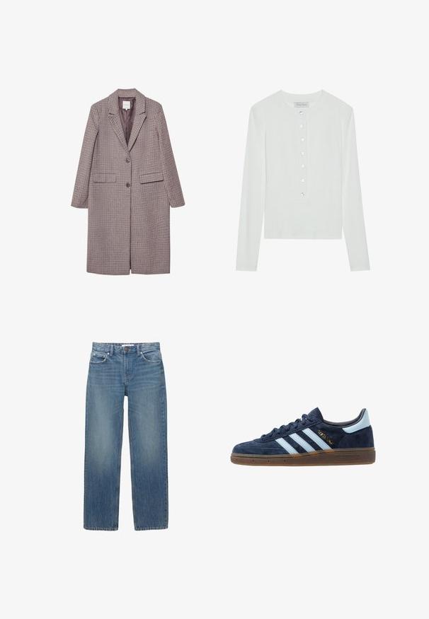 Brun og beige ternet frakke med klapkrave, to forlommer og to knapper, der har en glat inderside.; Hvid langærmet top lavet af ribbet stof, med en rund halsudskæring og en knaplukning foran med seks klare knapper.; Lysblå denimjeans med lige snit, fem lommer og hardware i kobberfarve. Stoffet har en let falmning og en glat tekstur.; Navyblå ruskinds Adidas sneakers med lyseblå striber, gummisål, lyseblå hælflap og guld "Spezial" branding på siden.