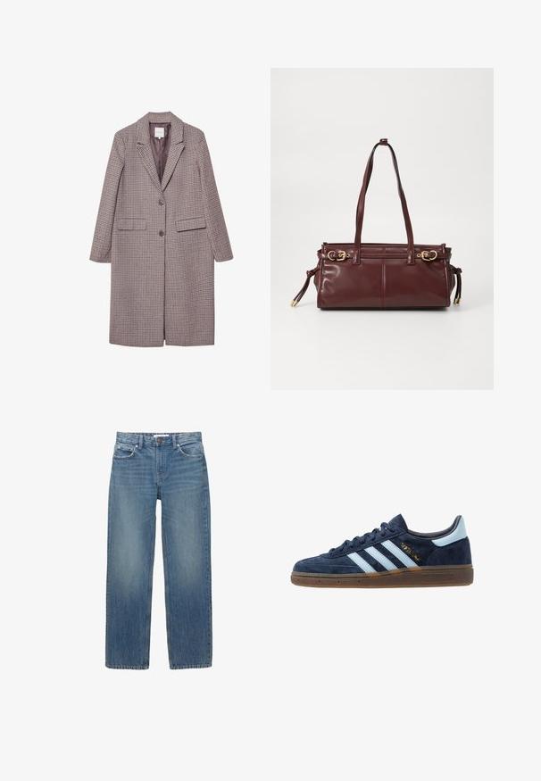 Brauner und beige karierter Mantel mit Reverskragen, zwei vorderen Taschen und zwei Knöpfen, ausgestattet mit einem glatten Innenfutter.; Weißes Langarmoberteil aus geripptem Stoff, mit einem runden Ausschnitt und einer Knopfleiste mit sechs transparenten Knöpfen.; Hellblaue Jeans aus Denim mit geradem Schnitt, fünf Taschen und Beschlägen in Kupferfarbe. Der Stoff hat eine leichte Ausbleichung und eine glatte Textur.; Marineblaue Wildleder Adidas Sneaker mit hellblauen Streifen, Gummisohle, hellblauer Fersenkappe und goldener "Spezial"-Markierung an der Seite.; Burgunderfarbene Ledertasche mit zwei Schulterriemen, goldfarbenen Beschlägen und einem Reißverschluss. Verfügt über eine glatte Textur und subtile Nahtdetails.