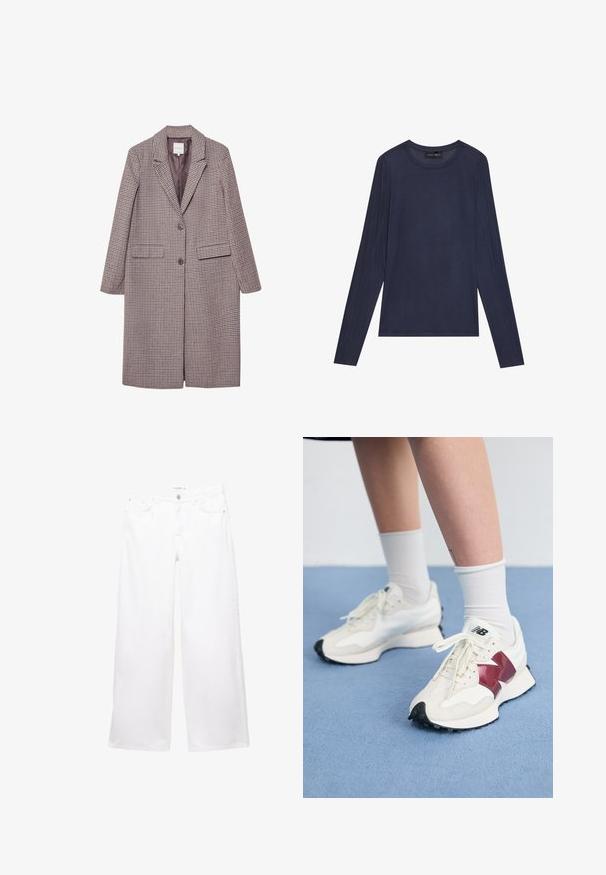 Smešani kaput u smeđim i bež kariranim uzorcima s rebrastim okovratnikom, dva prednja džepa i dva dugmeta, sa glatkom unutarnjom podlogom.; Morska plava majica dugih rukava napravljena od glatkog, laganog materijala. Ima okrugli izrez i šavne detalje duž rukava i sa strane.; Bijele široke traperice izrađene od denima s glatkom teksturom. Imaju zatvaranje na dugme i patentni zatvarač s dva prednja i dva stražnja džepa.; Par bijelih tenisica s maroon akcentima, teksturiranim panelima, ravnim crnim potplatom i svijetlim vezicama, nošene s bijelim čarapama do gležnjeva.