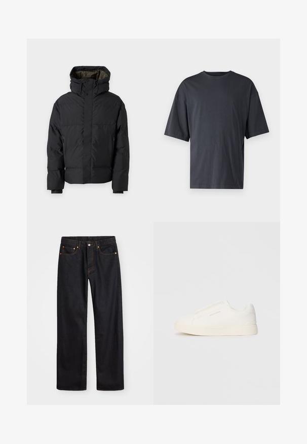 Black puffer jacket with a high neck, dual zippers, side pockets, and a hood. Features a smooth exterior and lined interior.; Dark gray short-sleeve t-shirt made of lightweight cotton, featuring a loose fit and classic crew neckline, with plain texture and no patterns.; Men’s straight-leg black denim jeans with five pockets and orange stitching, button and zip closure on front waistband.; White slip-on sneakers with a textured surface, a thick sole, and minimalistic design. Features brand logo on the side.