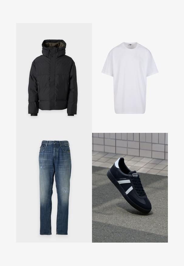 Black puffer jacket with a high neck, dual zippers, side pockets, and a hood. Features a smooth exterior and lined interior.; White cotton t-shirt with short sleeves, rounded neckline, relaxed fit, and no visible logos or patterns. Smooth texture and minimal design.; Denim jeans featuring a faded blue color, a straight leg design, moderate distressing on the front, and a classic five-pocket style.; Black leather sneaker with white stripes, textured rubber sole, and lace-up front. Features a branded label on the tongue.